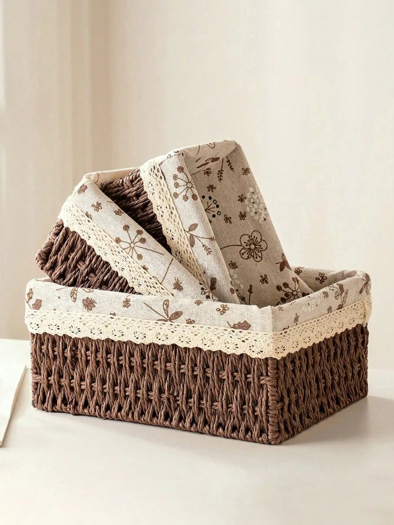 3Pcs  Woven Storage Baskets W/&W/O Cover