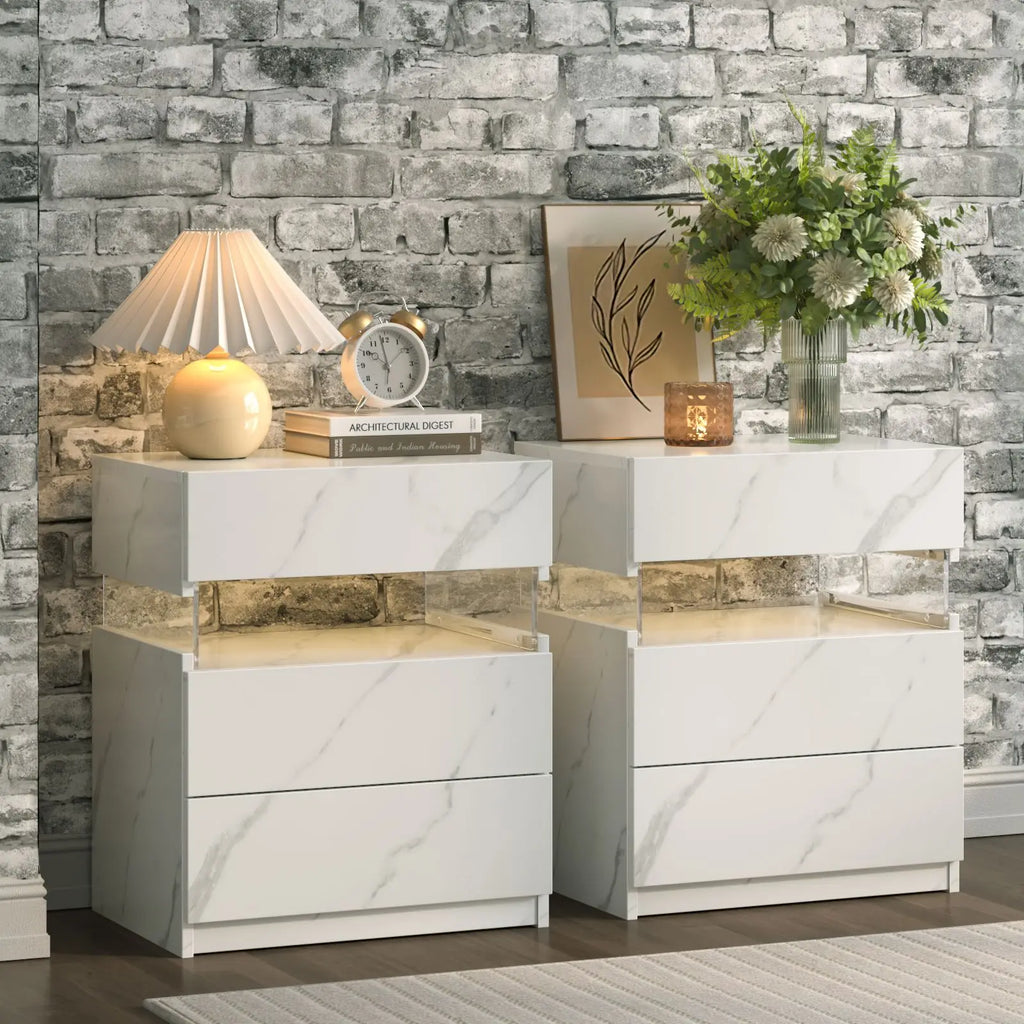 Cubehom Bedside Tables 2 Set with LED Lighting White Bedside Table with 3 Drawers