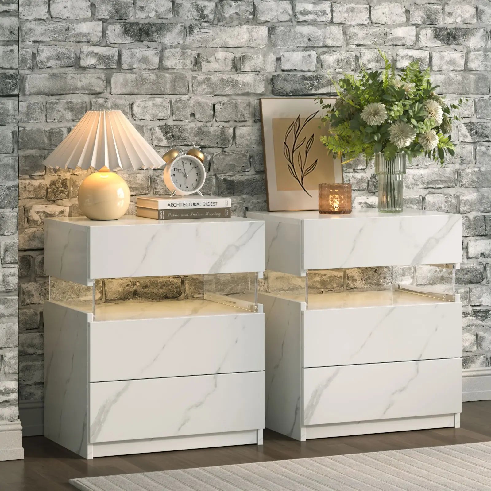 Cubehom Bedside Tables 2 Set with LED Lighting White Bedside Table with 3 Drawers