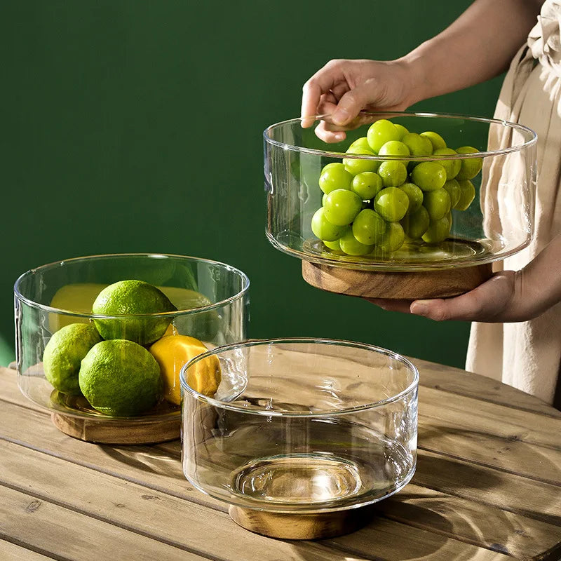 Glass Fruit Bowl Fashionable Brief Salad Plate Wood Base Snacks Nuts Storage Bowls Home