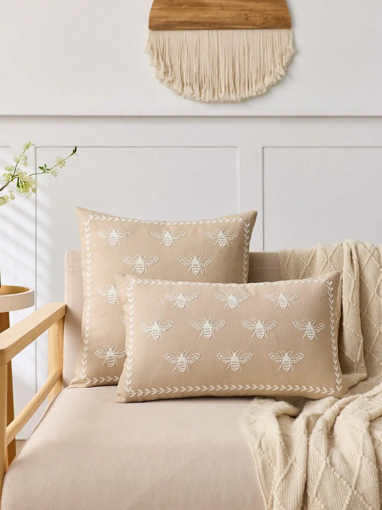 Beige Embroidered Bee Pillow Cover 1pc Indoor