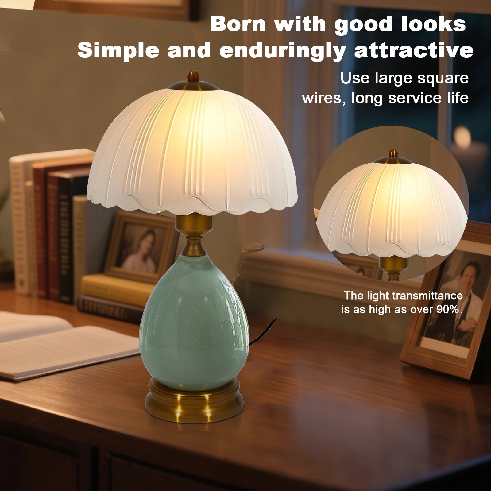 16" Vintage Ceramic Table Lamp – Chinese Traditional Green Bedside Lamp with 3-Color Dimmable LED