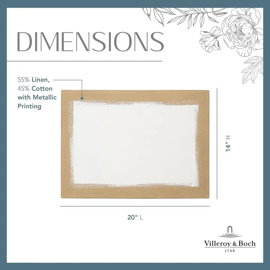 Metallic Brushstroke Modern Linen Blend Placemat Set, 14 Inches x 20 Inches, Set of 4, Ivory and Gold