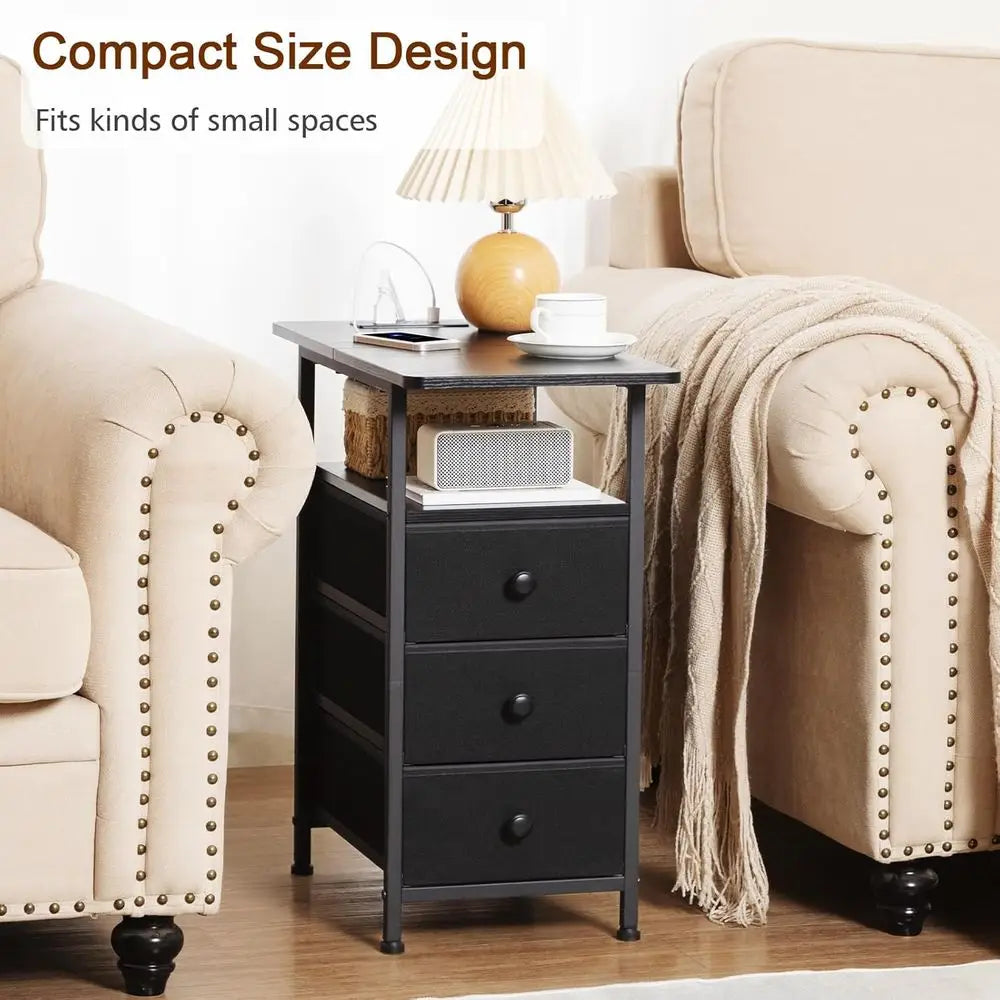 End Tables Living Room Charging Station, Narrow Side Table USB Ports Outlets, Slim Nightstand 3 Drawers Bedroom, Small Space, Bl