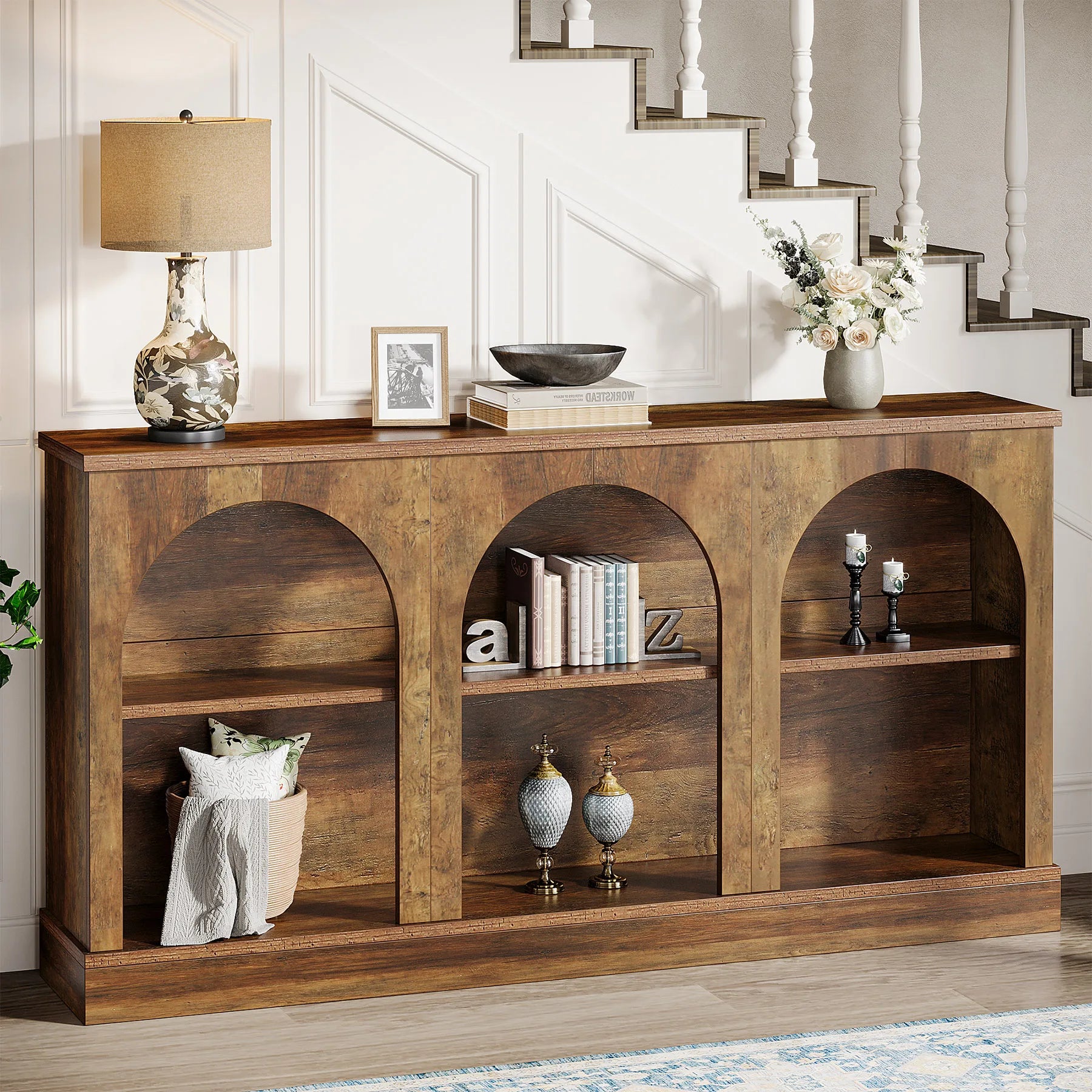 Tribesigns Farmhouse Console Table, 63-Inch Long Entryway Table with 3 Tier Storage, Wooden
