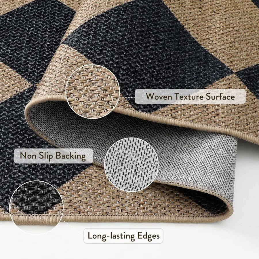 Checkered Easy Jute 3x5 Outdoor Patio Rug, Washable Rugs Indoor