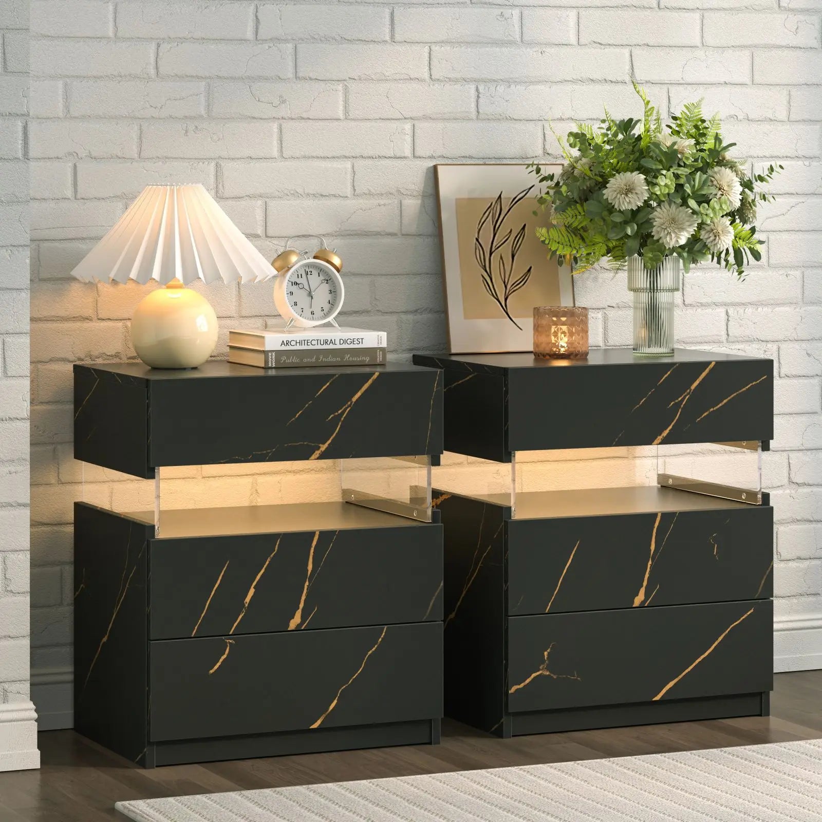 Cubehom Bedside Tables 2 Set with LED Lighting White Bedside Table with 3 Drawers