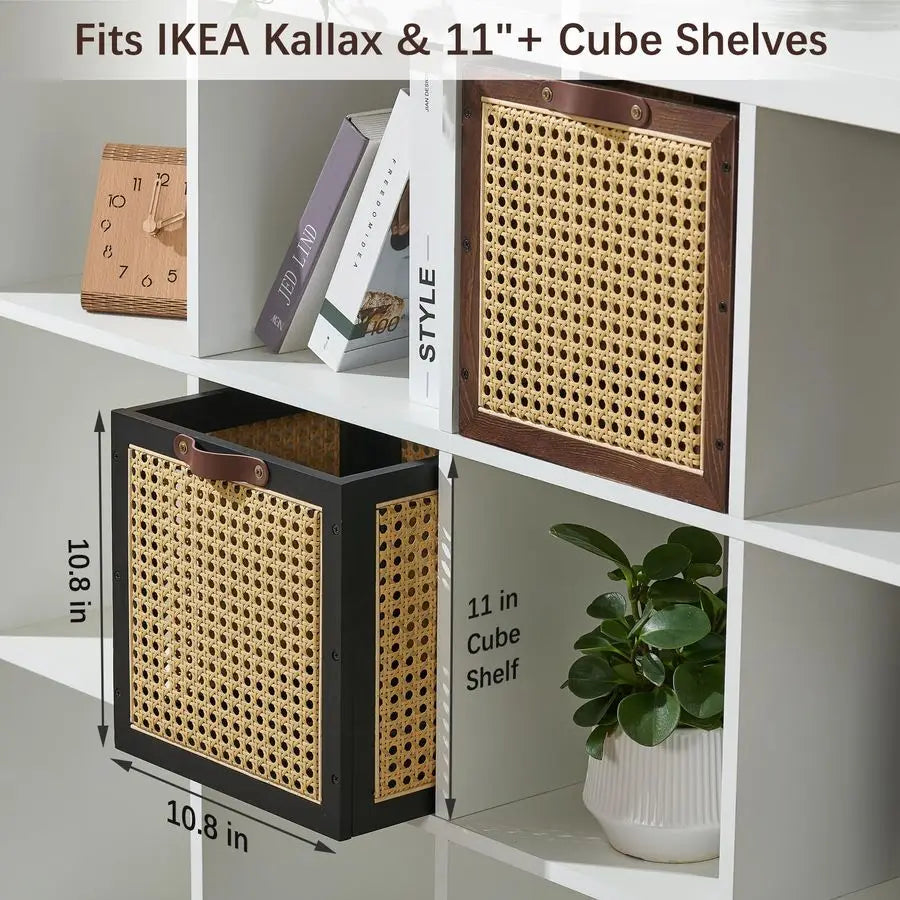 Rattan Storage Cubes Wooden Storage Baskets Boxes Decorative Natural Handmade Solid Wood Woven Wicker Cane