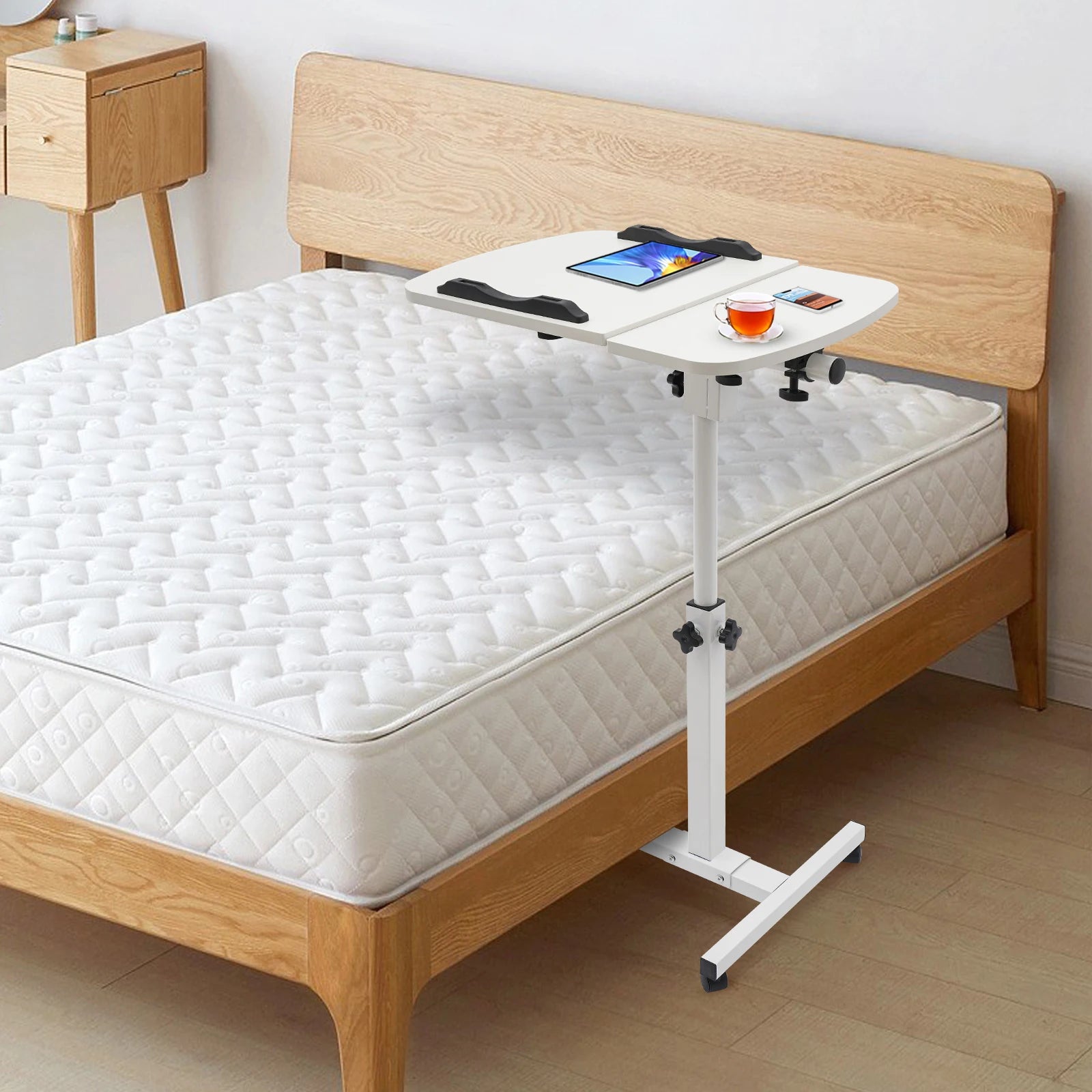 White MDF Carbon Steel Adjustable Laptop Desk Stand Bedside Desk Stand With 360° Swivel Wheels With Brake Function For Bedroom