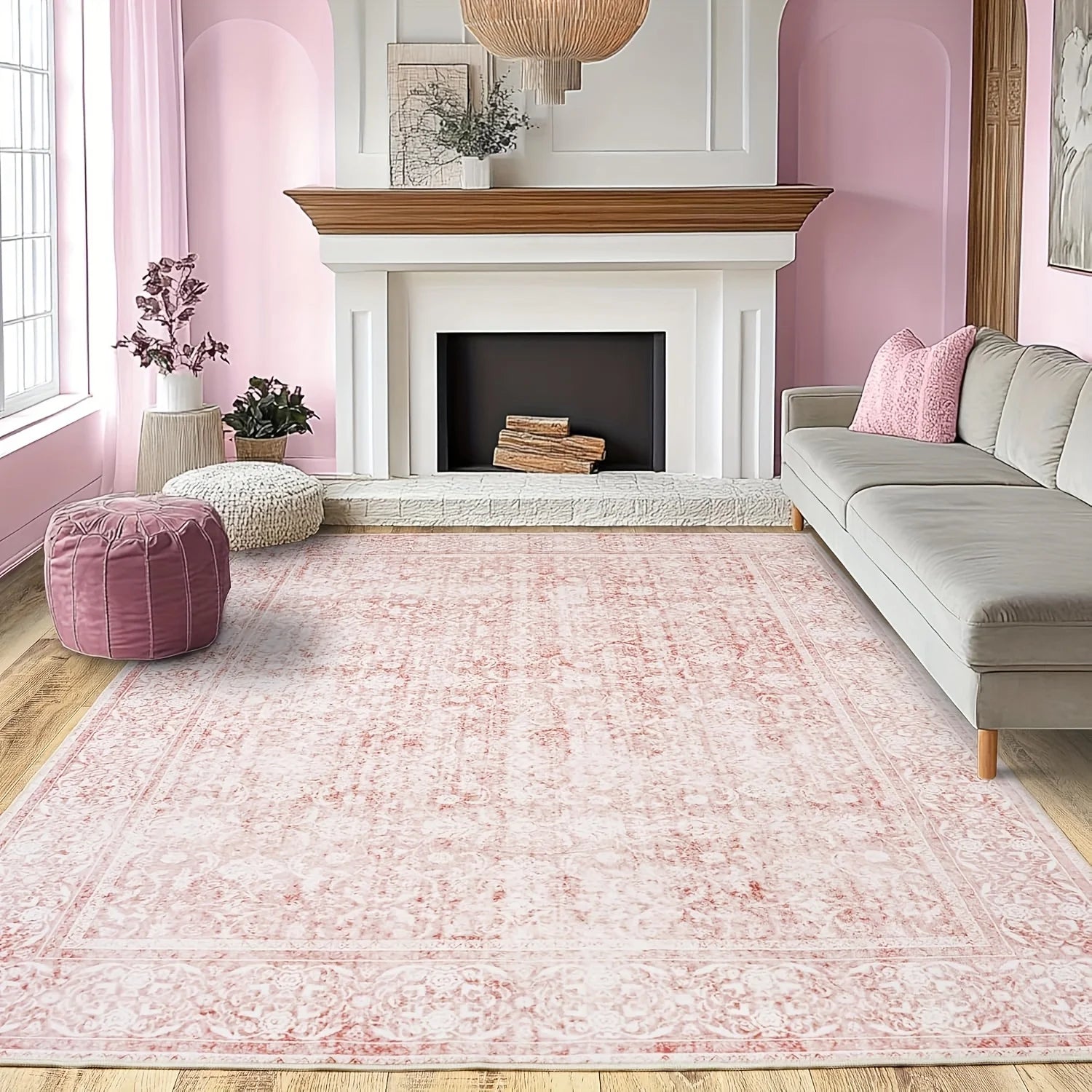 Gnizama pink floral full wall living room large area rug, washable vintageo