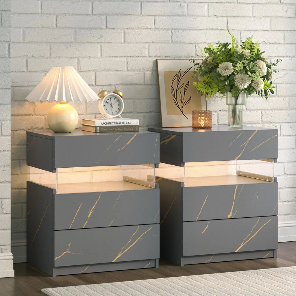 Cubehom Bedside Tables 2 Set with LED Lighting White Bedside Table with 3 Drawers
