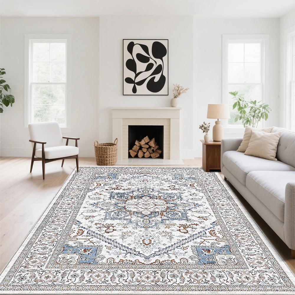 8x10 Area Rugs for Living Room: Washable Rug Stain Resistant Distressed Vintage Floral Rug Non Slip Low Pile Faux Wool