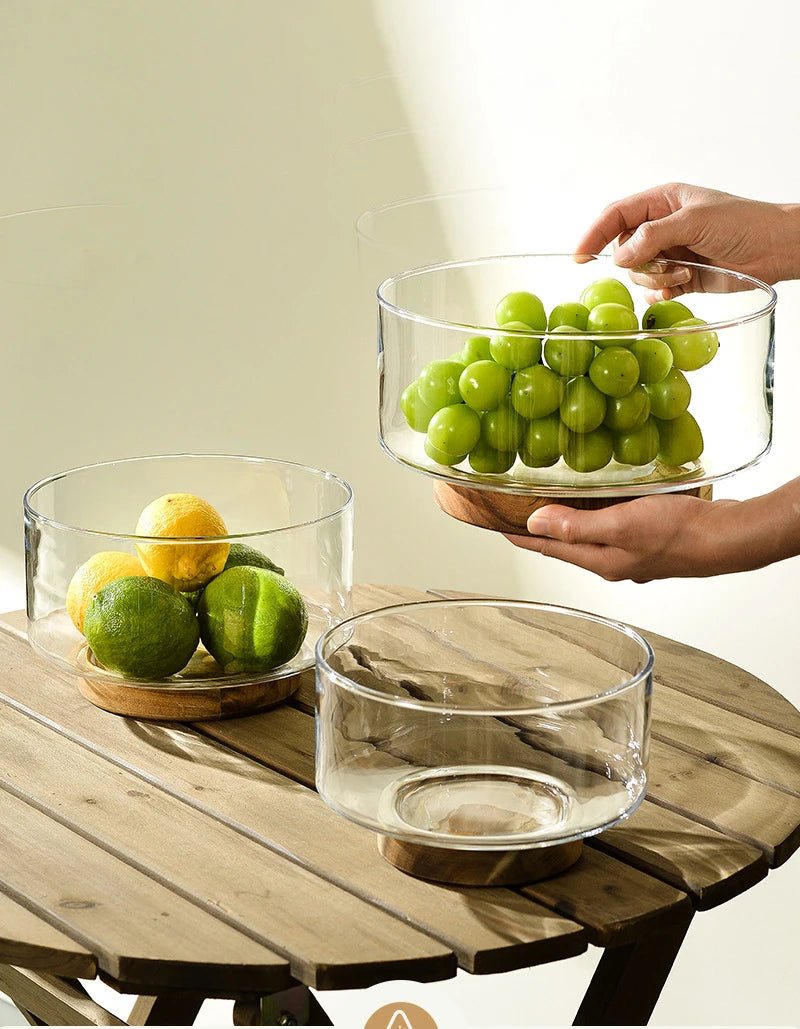 Glass Fruit Bowl Fashionable Brief Salad Plate Wood Base Snacks Nuts Storage Bowls Home