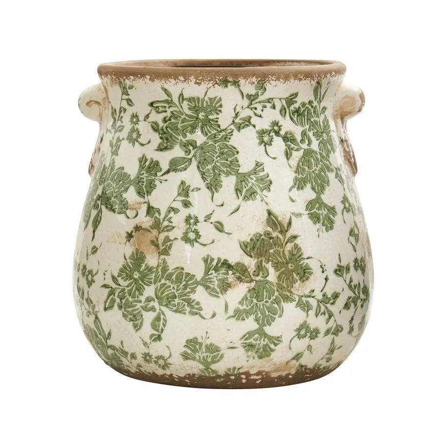 Natural 10in Ceramic Decorative Vase, Tuscan Style Green Scroll Design