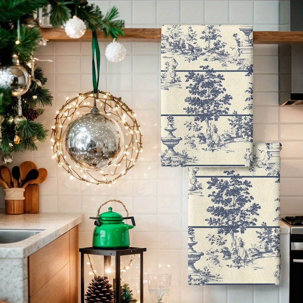 2PCS Soft Absorbent Kitchen Towels Dish Towel Chinese Wind Water Tower Trees Dish Cloth