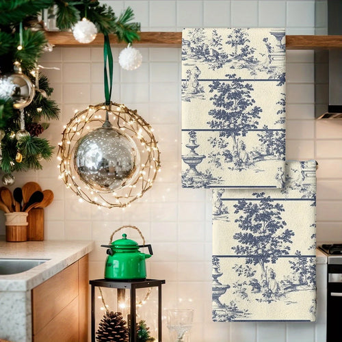 2PCS Soft Absorbent Kitchen Towels Dish Towel Chinese Wind Water Tower Trees Dish Cloth