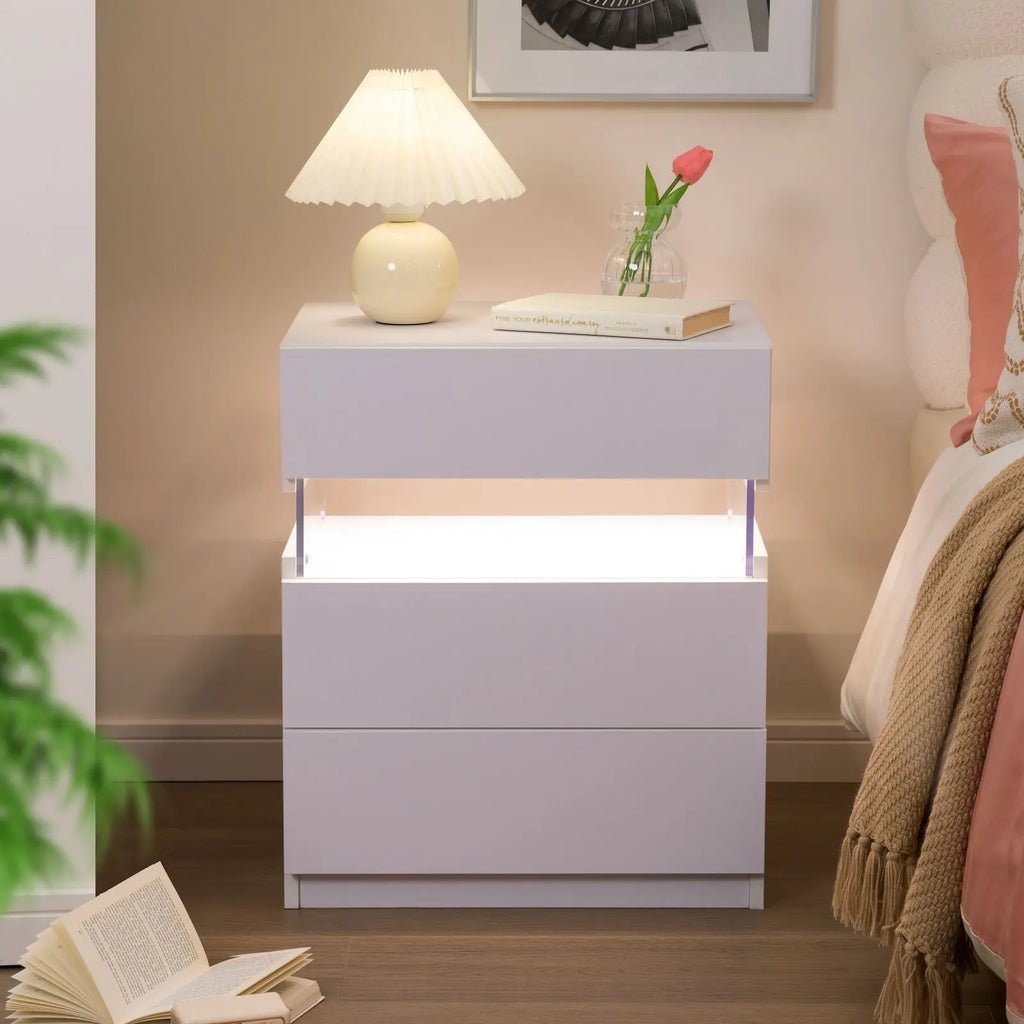 Cubehom Bedside Tables 2 Set with LED Lighting White Bedside Table with 3 Drawers