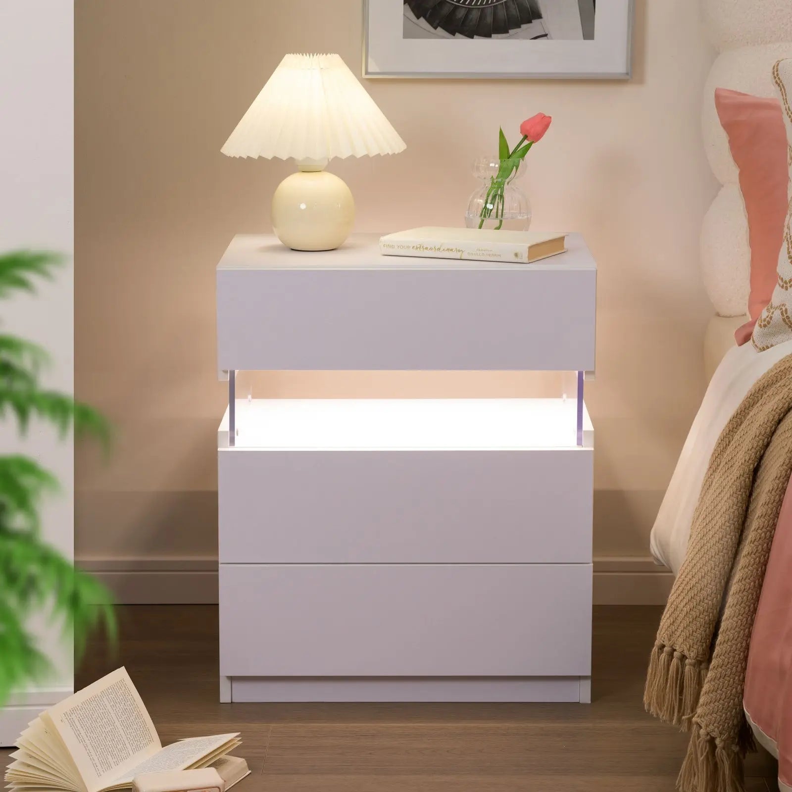 Cubehom Bedside Tables 2 Set with LED Lighting White Bedside Table with 3 Drawers
