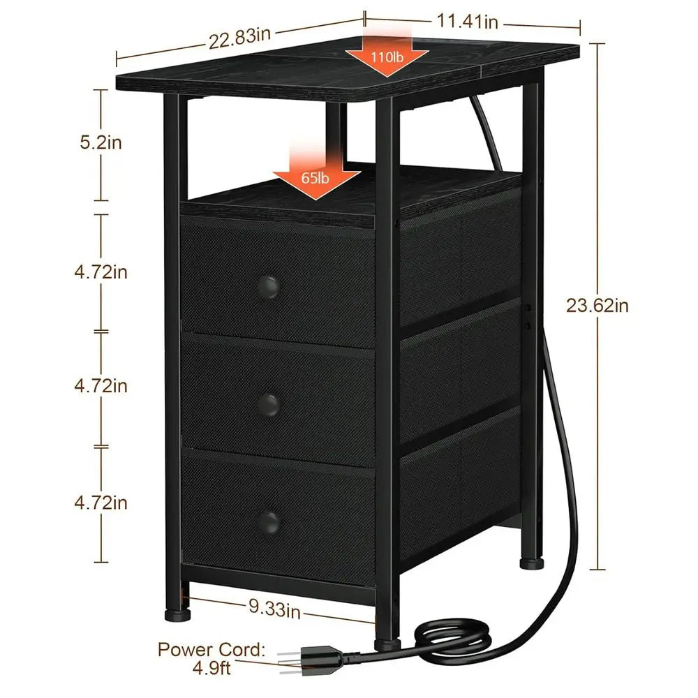 End Tables Living Room Charging Station, Narrow Side Table USB Ports Outlets, Slim Nightstand 3 Drawers Bedroom, Small Space, Bl
