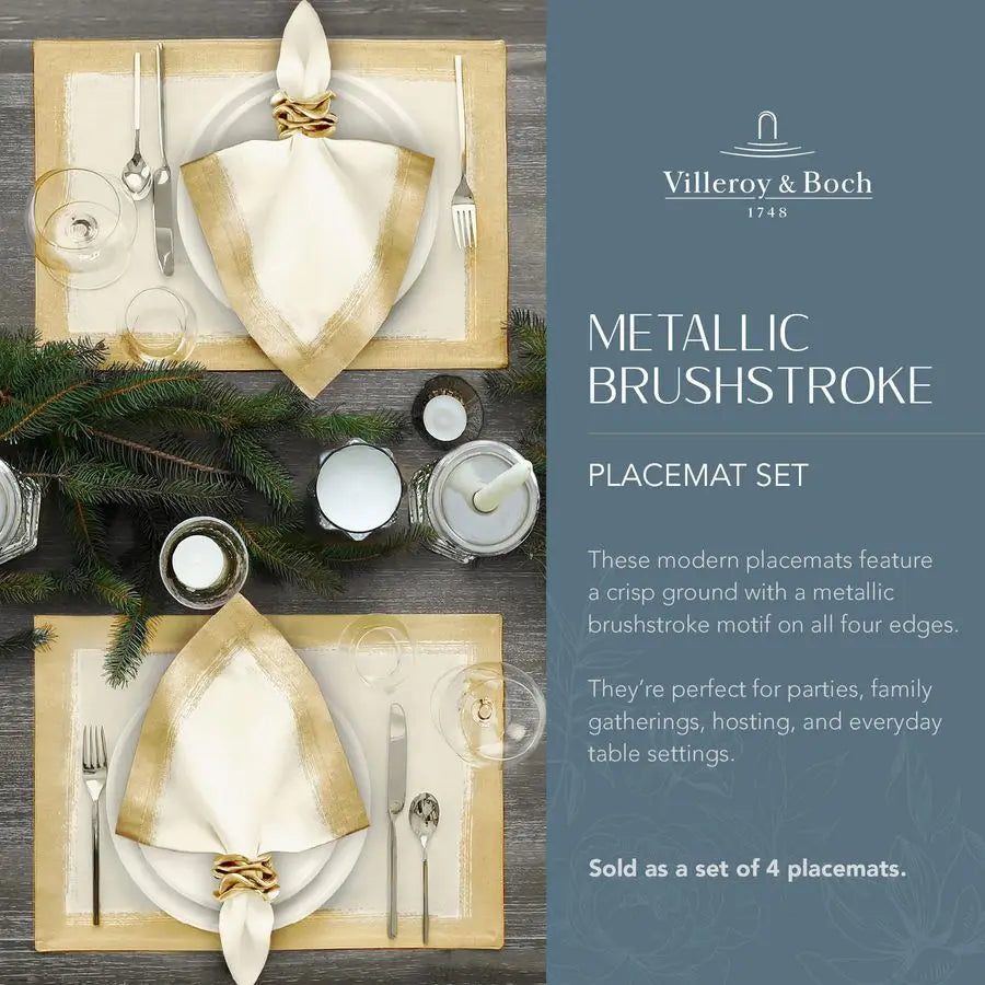 Metallic Brushstroke Modern Linen Blend Placemat Set, 14 Inches x 20 Inches, Set of 4, Ivory and Gold