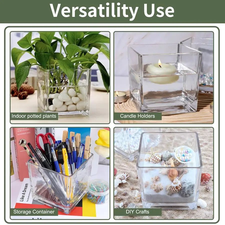 6 Pack Square Glass Vases 5 x 5 x 5 Inch, Clear Cube