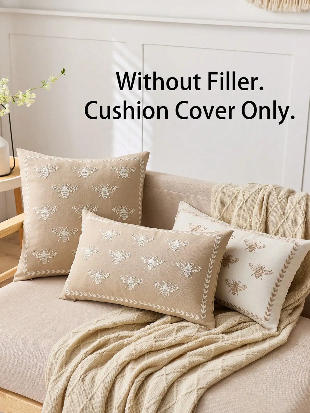 Beige Embroidered Bee Pillow Cover 1pc Indoor