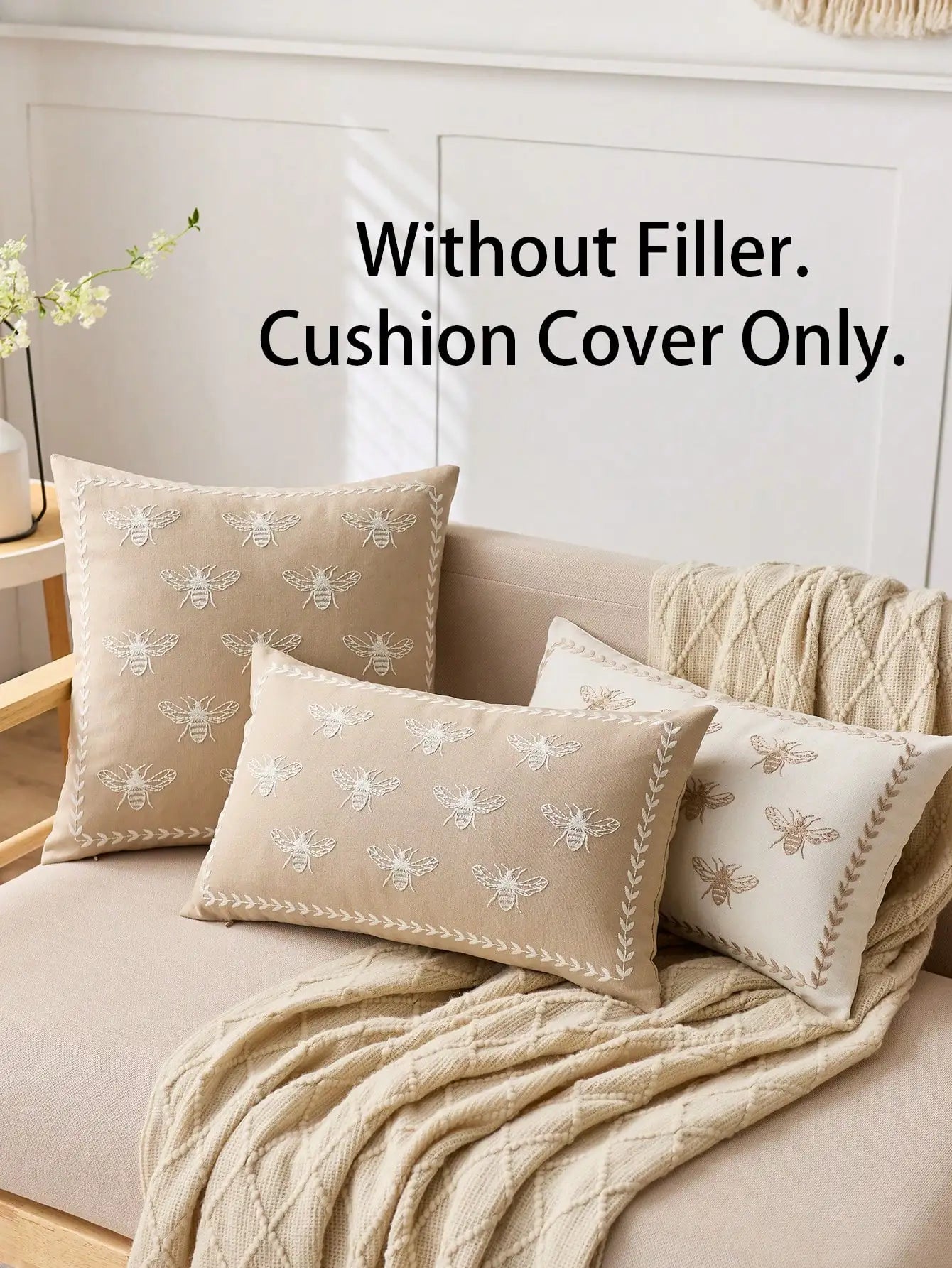 Beige Embroidered Bee Pillow Cover 1pc Indoor
