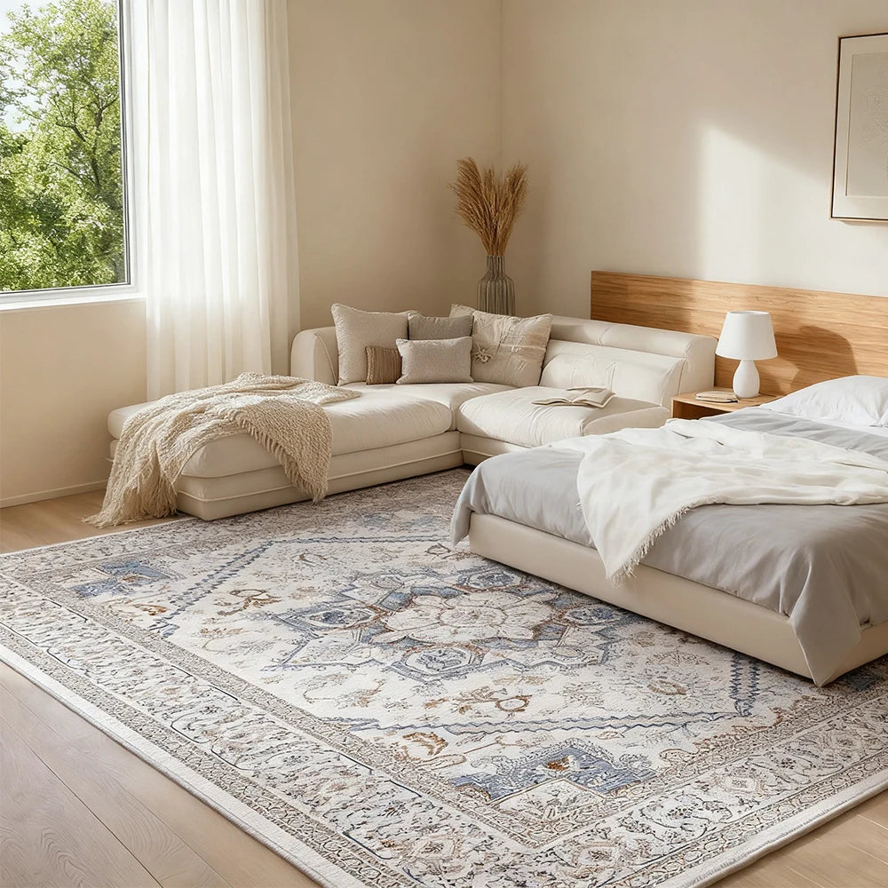 8x10 Area Rugs for Living Room: Washable Rug Stain Resistant Distressed Vintage Floral Rug Non Slip Low Pile Faux Wool