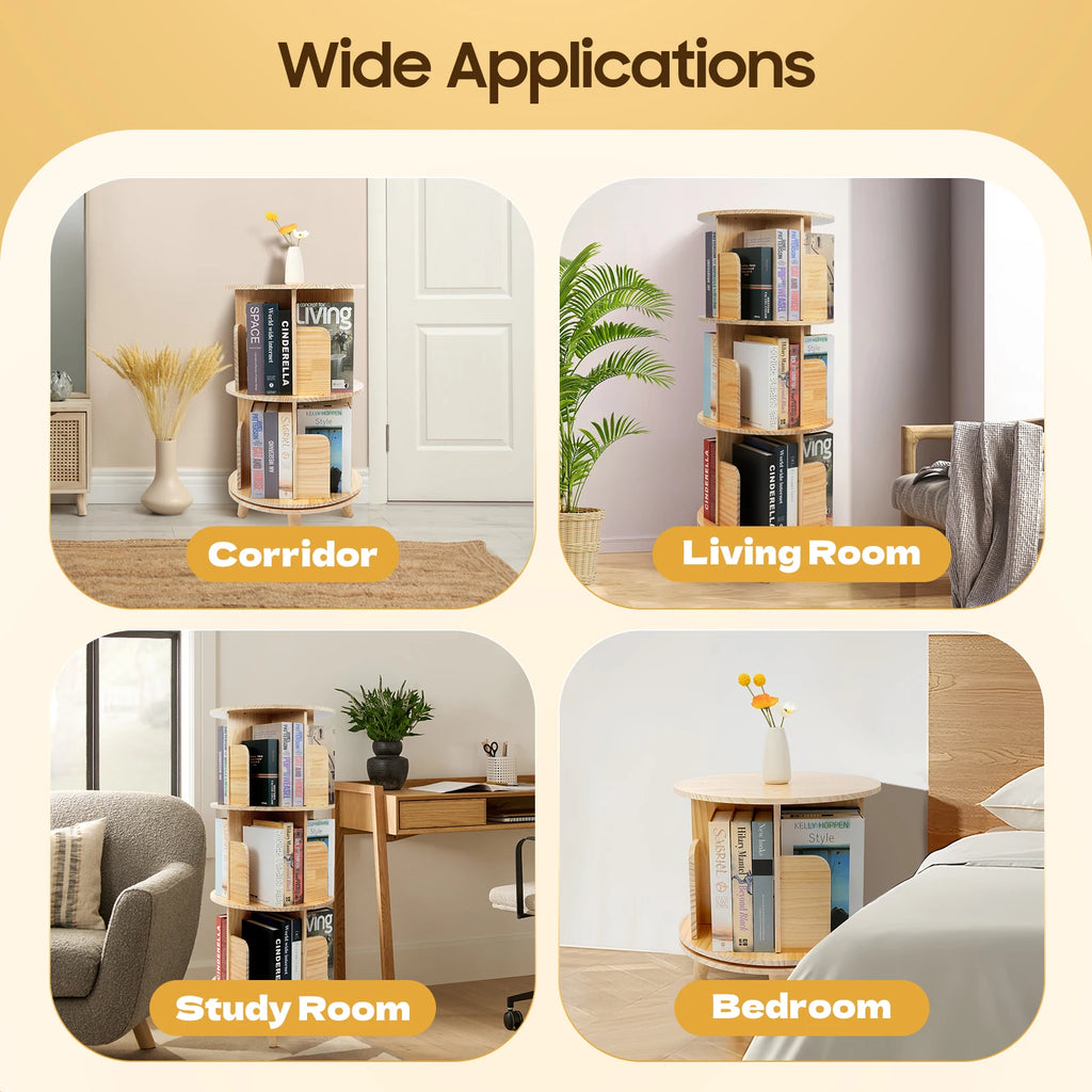 1/2/3/4/5/6 Tier Wooden Bookcase Rotatable Floor Stand Multifunctional Showcase Organizer