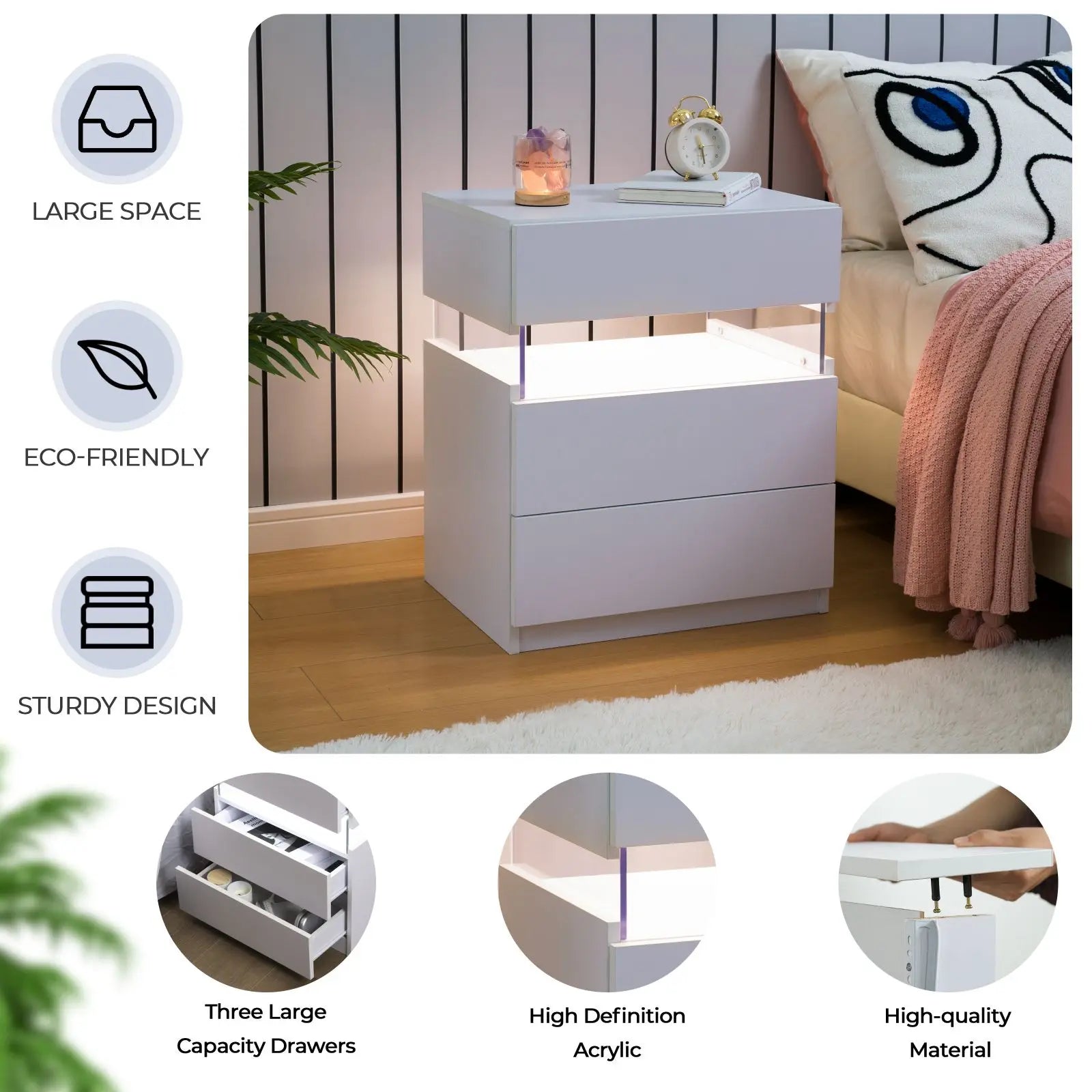 Cubehom Bedside Tables 2 Set with LED Lighting White Bedside Table with 3 Drawers