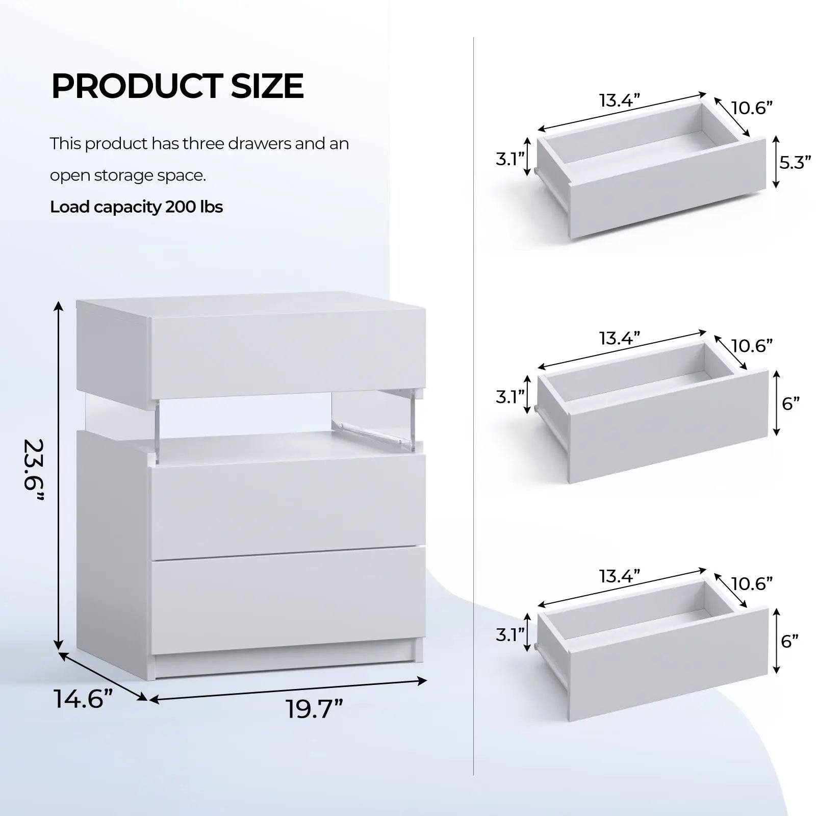 Cubehom Bedside Tables 2 Set with LED Lighting White Bedside Table with 3 Drawers