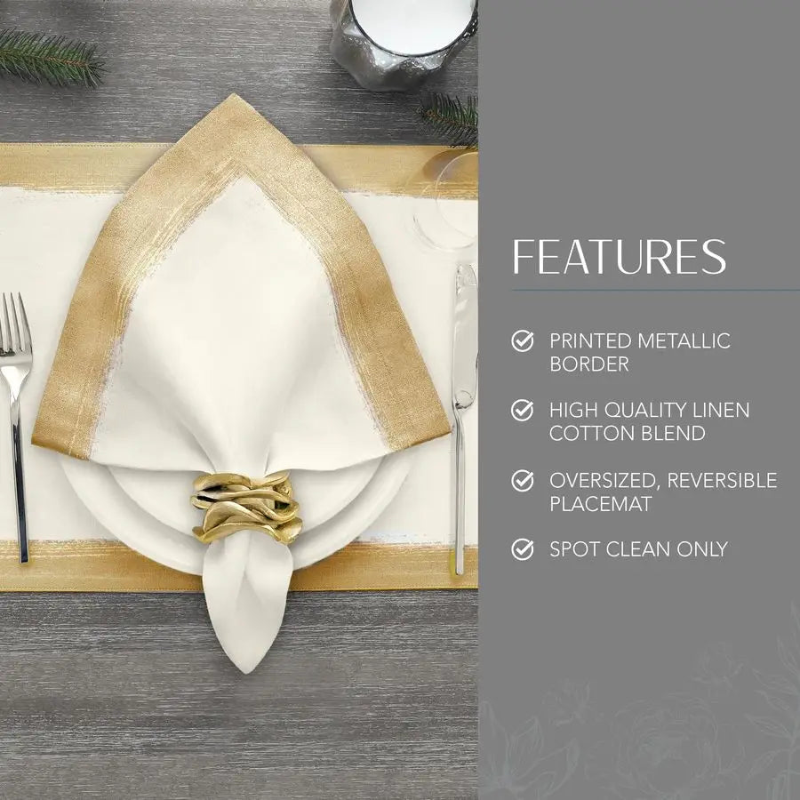 Metallic Brushstroke Modern Linen Blend Placemat Set, 14 Inches x 20 Inches, Set of 4, Ivory and Gold