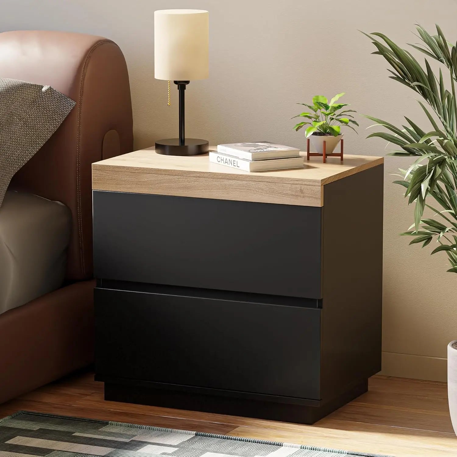Nightstand 2 Drawers, Table Wood End Table