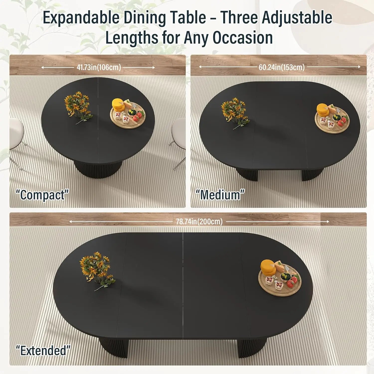 Extendable Dining Table 41-78in Seats 4-8 Round Expandable Kitchen Fluted Base Customized
