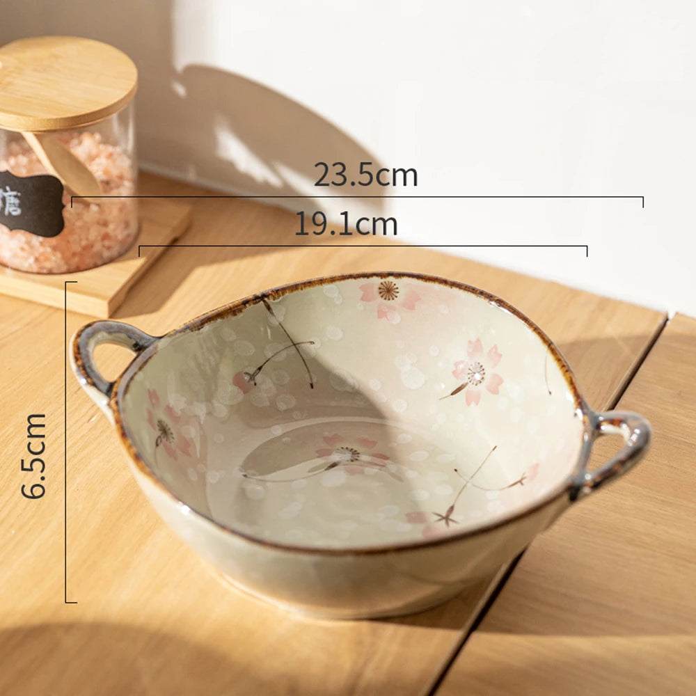 7.5inch Japanese Household Noodle Bowl Ceramic Soup Bowl With Handle Salad Pasta Bowl Kitchen Tableware Microwave Oven Bakware