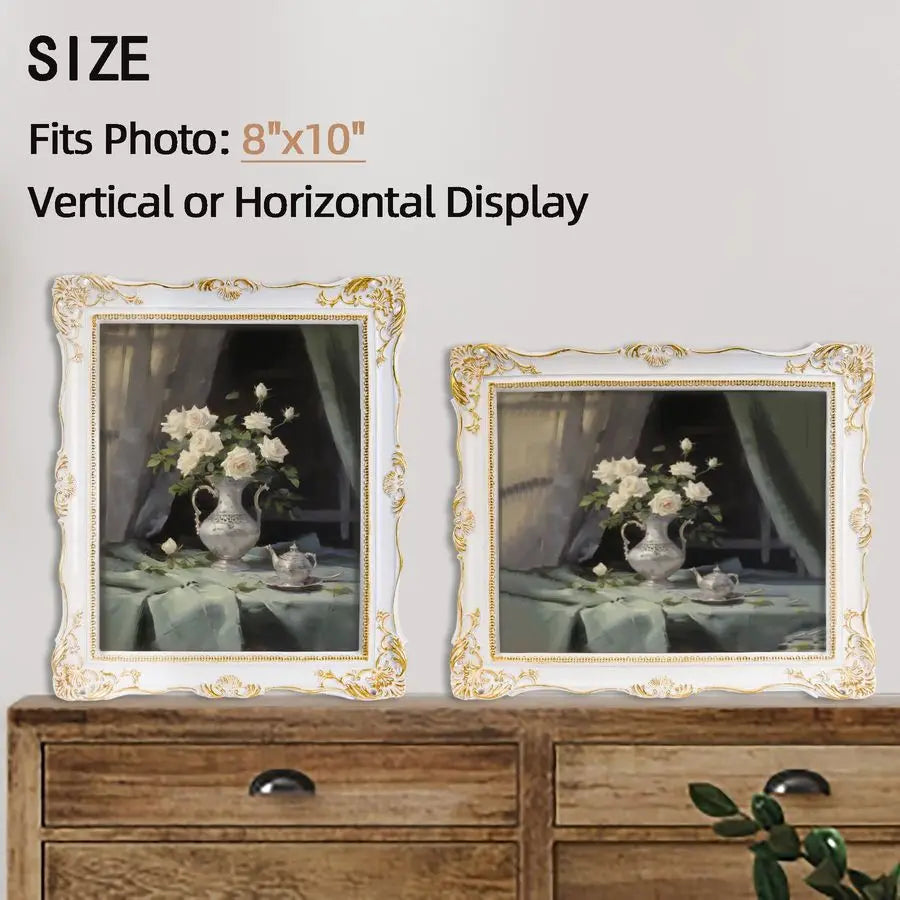 , White Antique Gothic Frames with Glass Front, Elegant Photo Frame for Wall or Tabletop Display