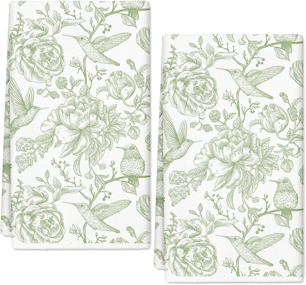 Chinoiserie Floral Kitchen Towels Blue White Flowers Bird Dish Towels