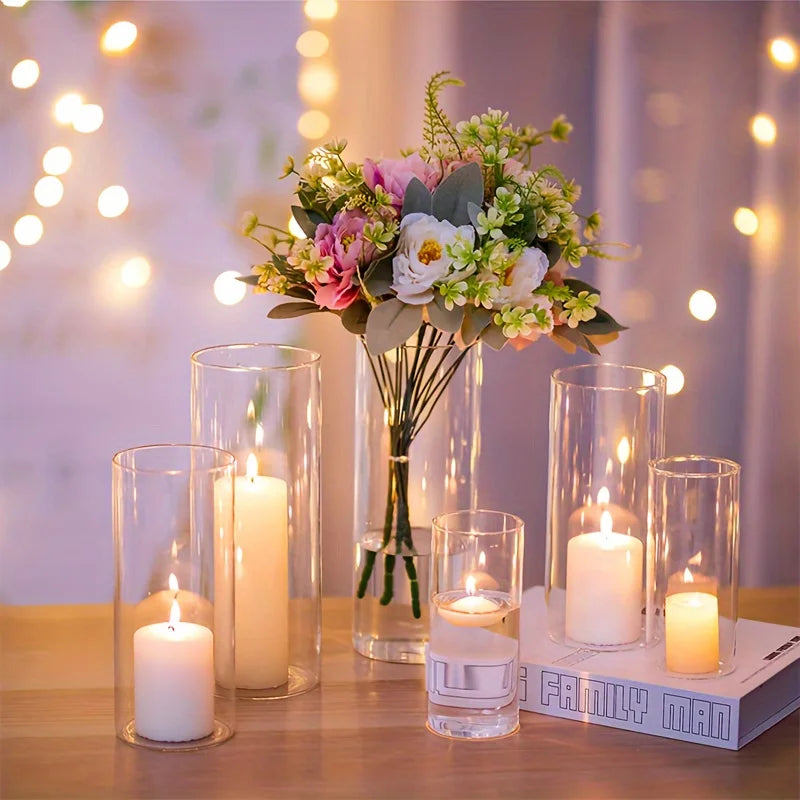 12/30 Set of Cylindrical Glass Vases,Hurricane Candle Holders for Pillar Candles