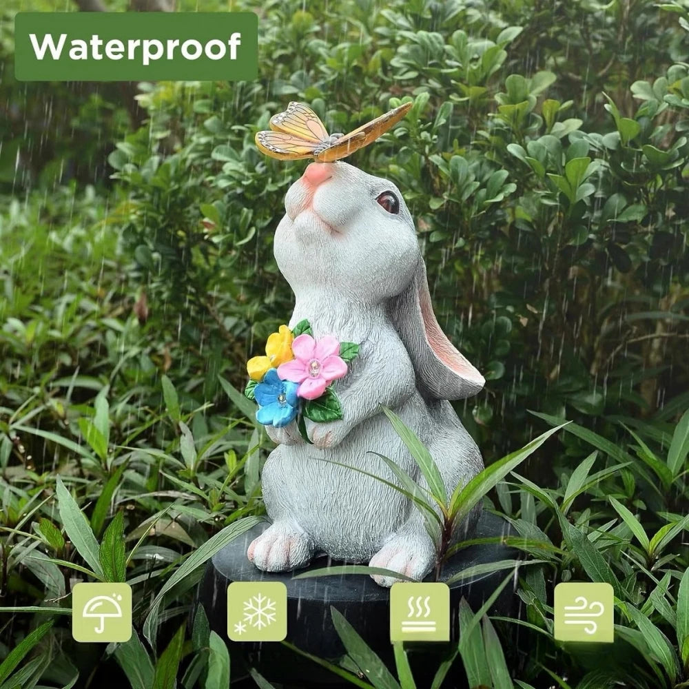 Solar Bunny Statue Garden Decor with Butterfly LED Lighimal Sculpture Figurine Outdoor Decoration for Garden Courtyard