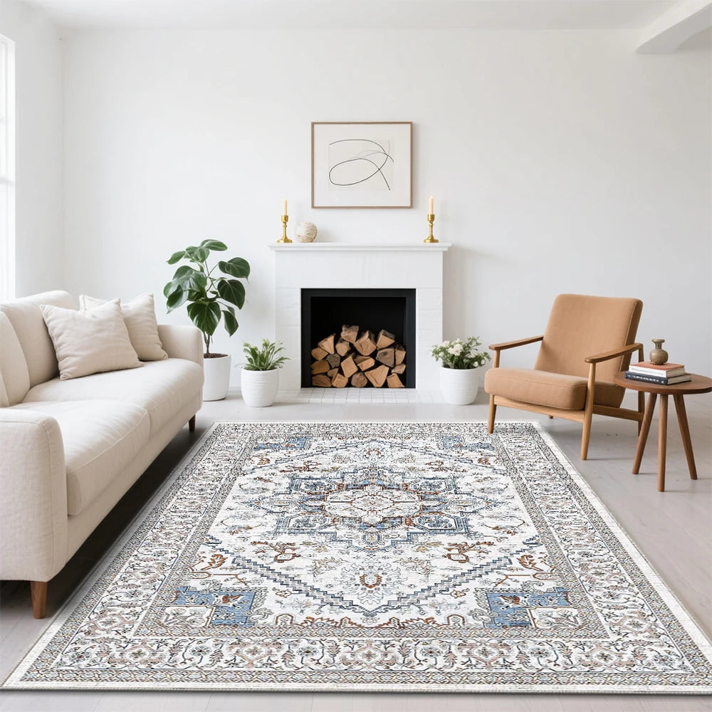 8x10 Area Rugs for Living Room: Washable Rug Stain Resistant Distressed Vintage Floral Rug Non Slip Low Pile Faux Wool