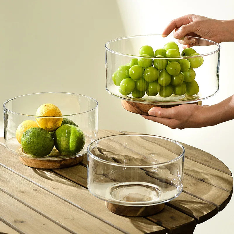 Glass Fruit Bowl Fashionable Brief Salad Plate Wood Base Snacks Nuts Storage Bowls Home
