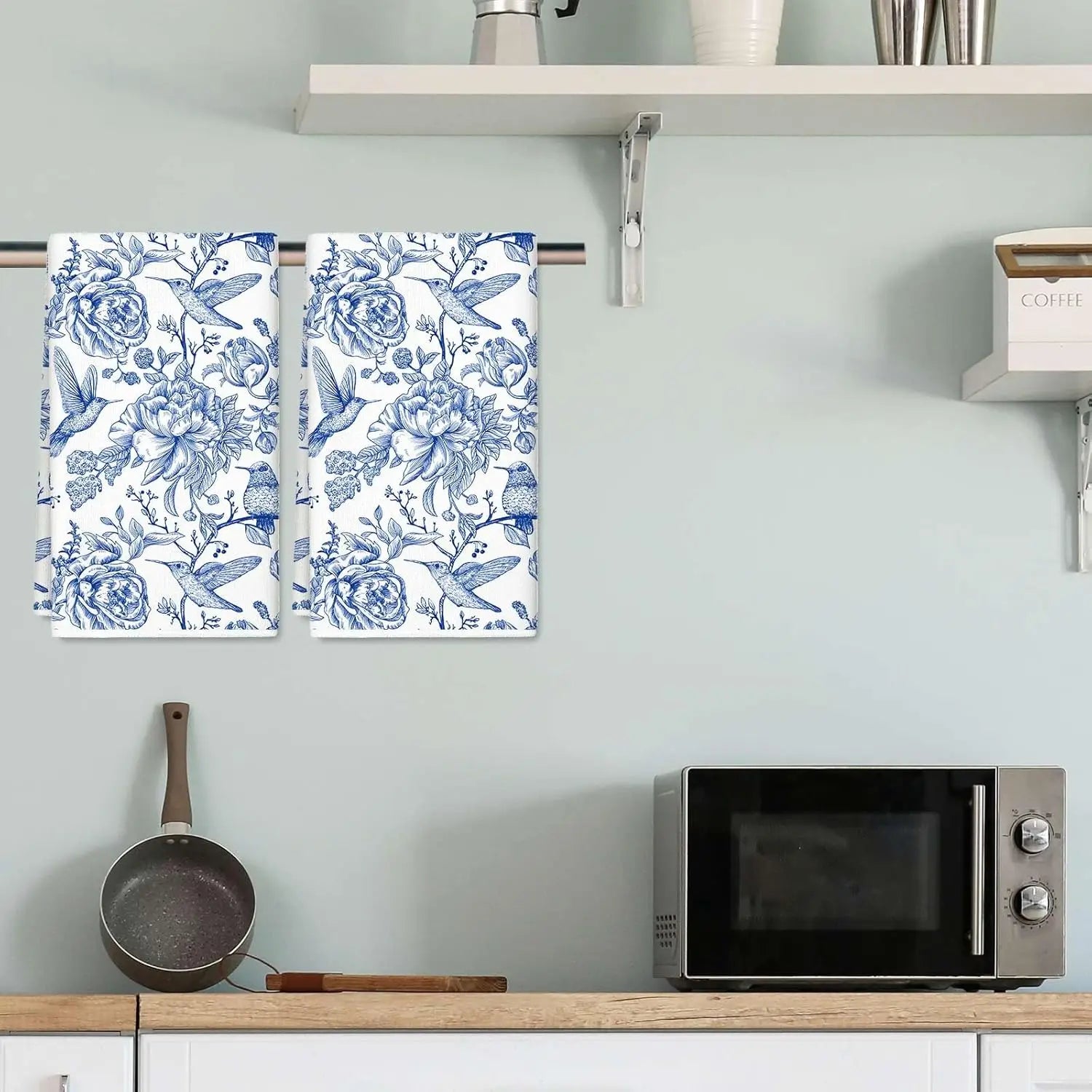 Chinoiserie Floral Kitchen Towels Blue White Flowers Bird Dish Towels