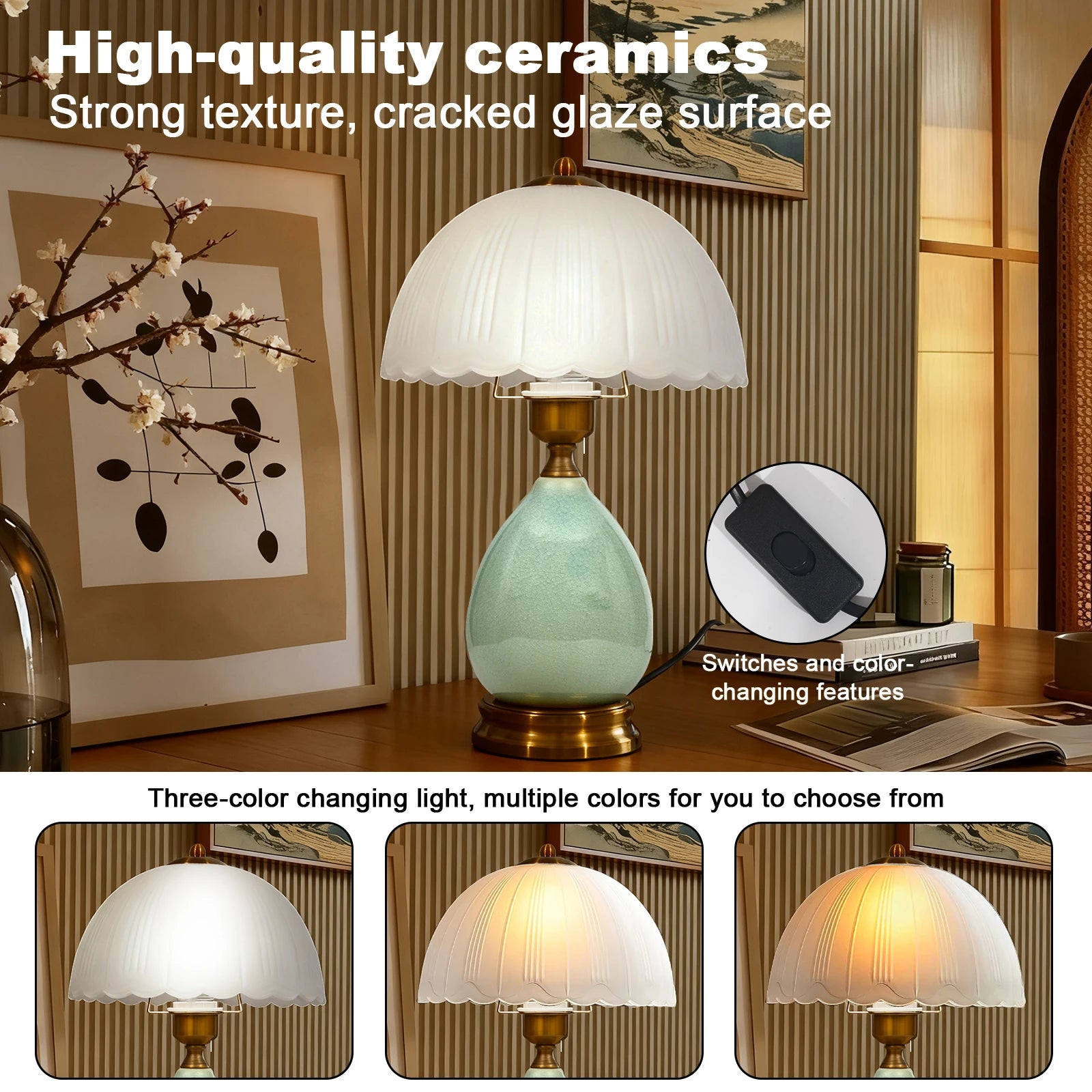 16" Vintage Ceramic Table Lamp – Chinese Traditional Green Bedside Lamp with 3-Color Dimmable LED