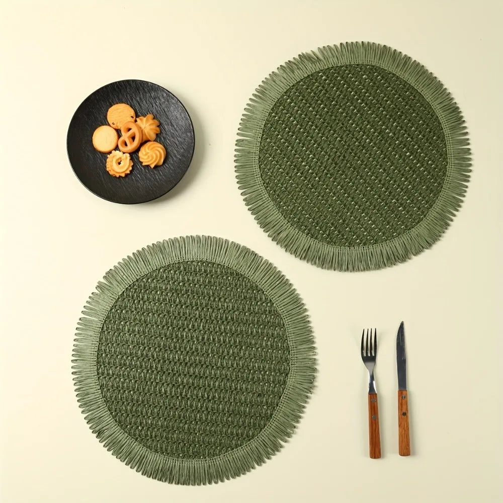4/6pcs Bohemian Farmhouse Round Placemats with Tassels - Green Linen Grid Pattern