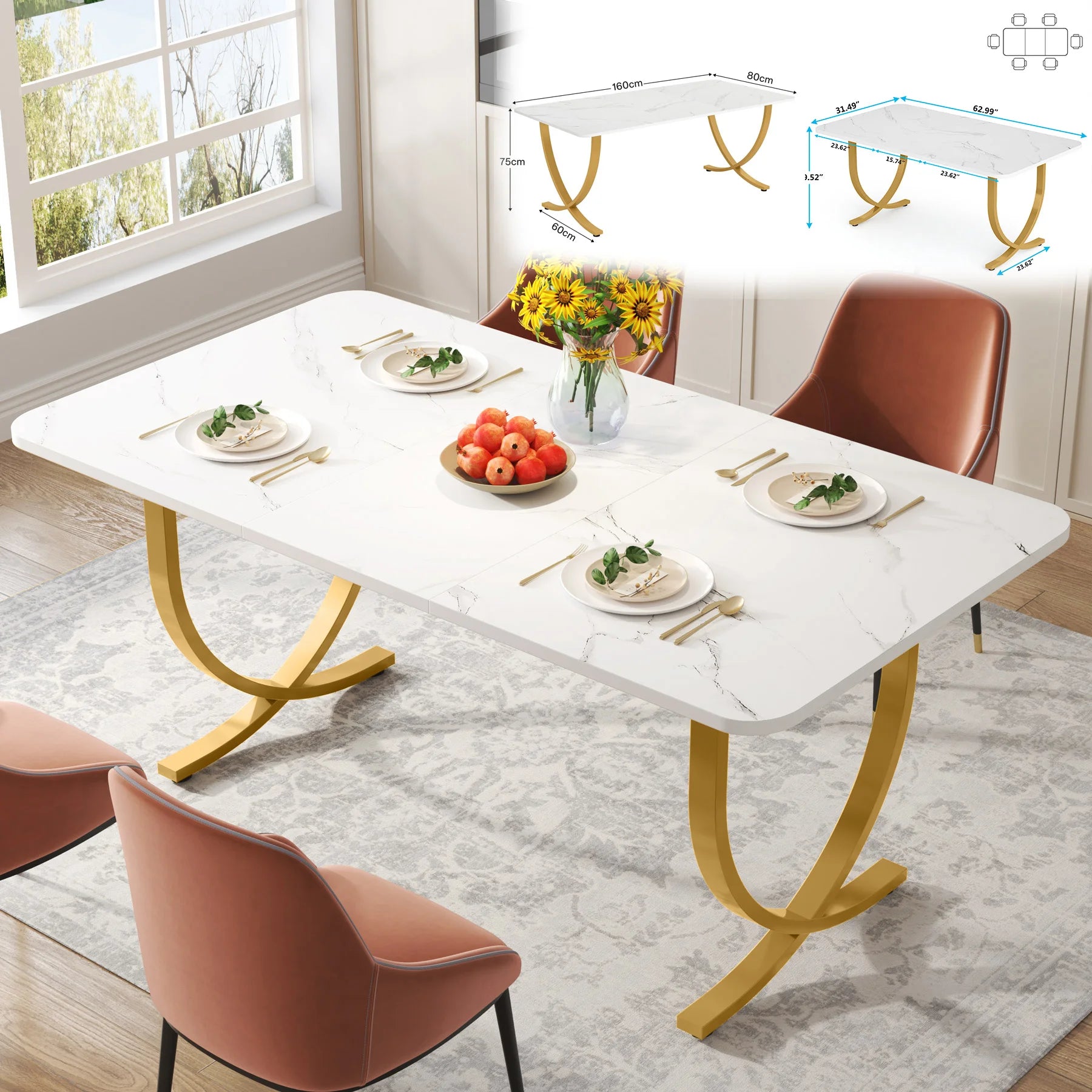 Tribesigns 63-Inch Rectangular Dining Table for 4 to 6, able with Faux Marble Table Top,