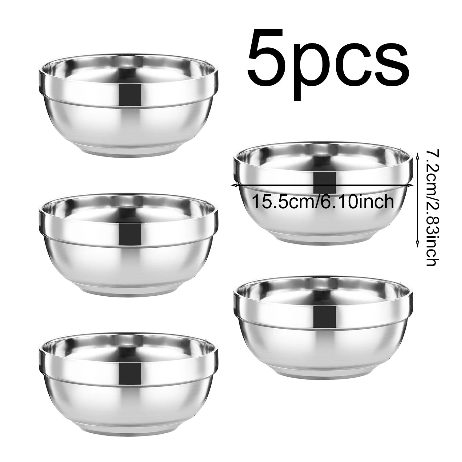 5pcs, Double layer stainless steel bowl, insulated and heat-resistant, durable metal bowl, mirror polished