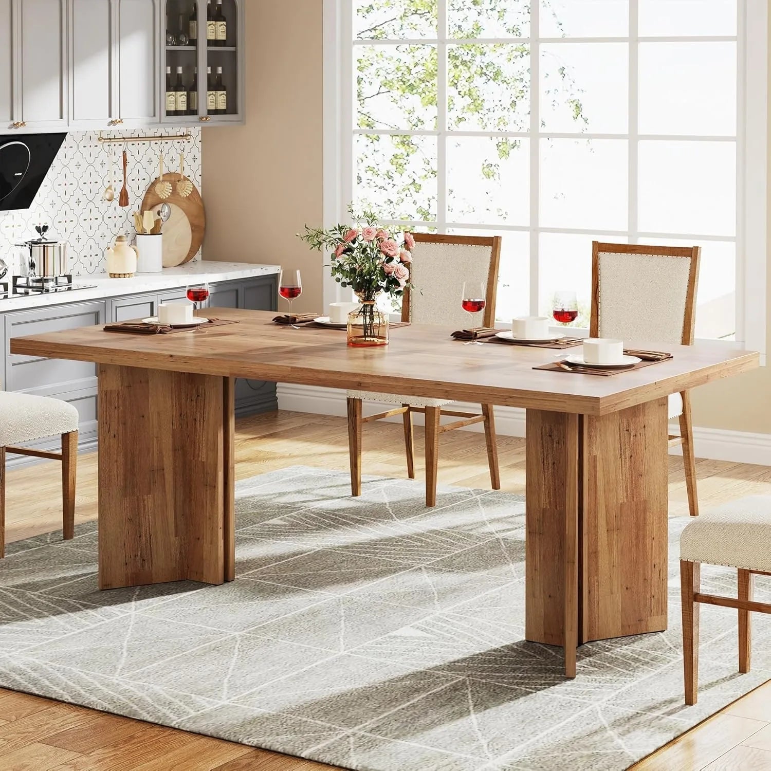 63-inch Dining Table for 4-6, Farmhouse Kitchen Table with Large Tabletop, Rectangular
