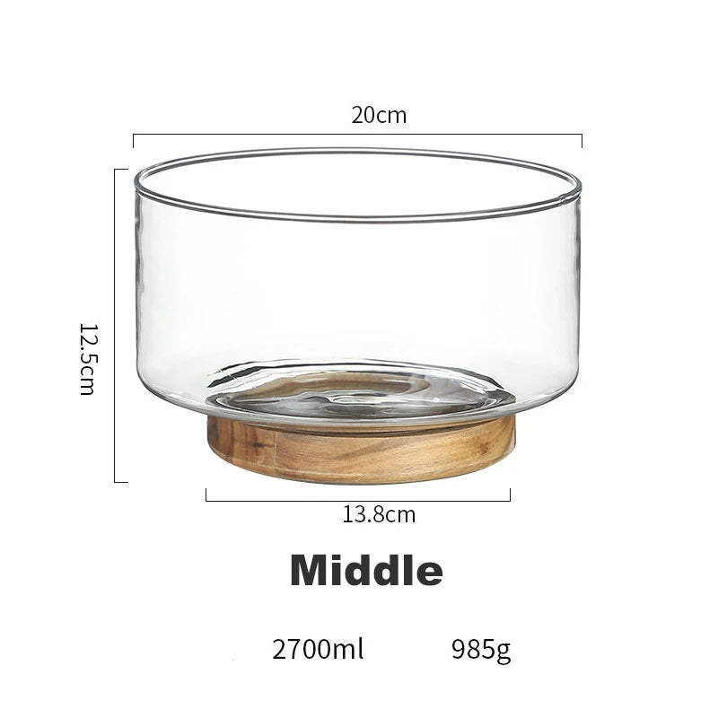 Glass Fruit Bowl Fashionable Brief Salad Plate Wood Base Snacks Nuts Storage Bowls Home