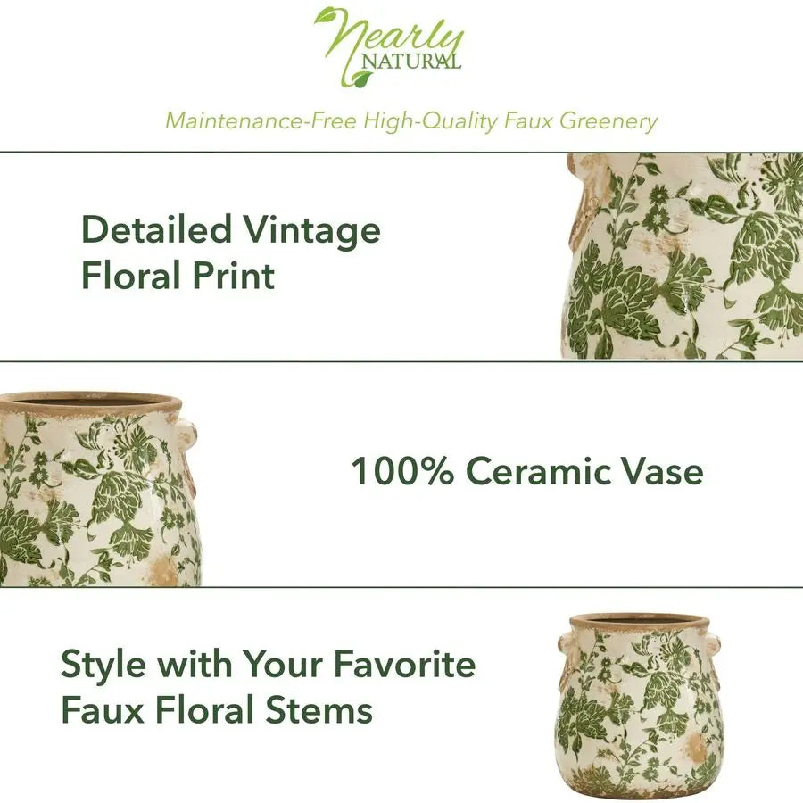 Natural 10in Ceramic Decorative Vase, Tuscan Style Green Scroll Design