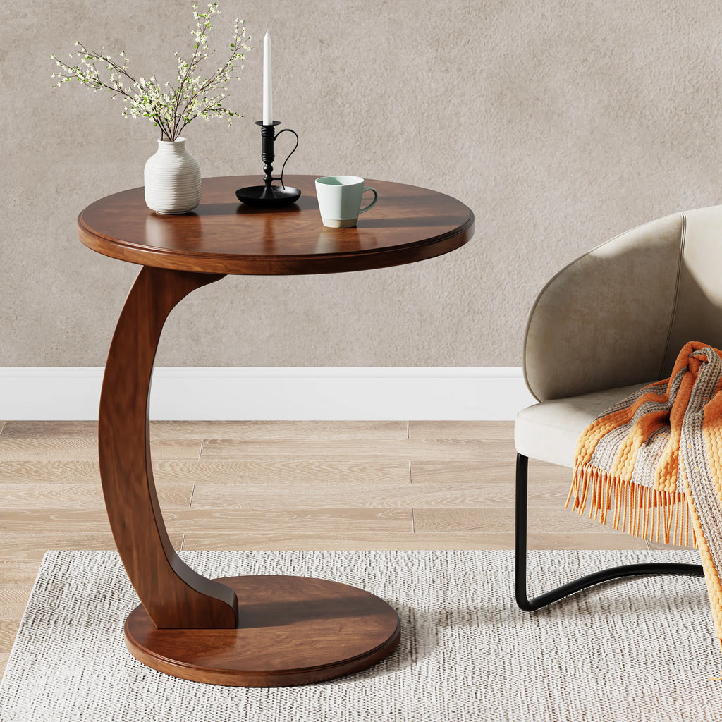 Tribesigns Round End Table, Wood C-Shaped Side Table